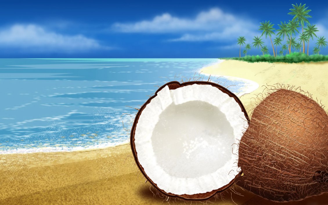 Download Wallpaper Halved coconut on the sand beach - Summer time