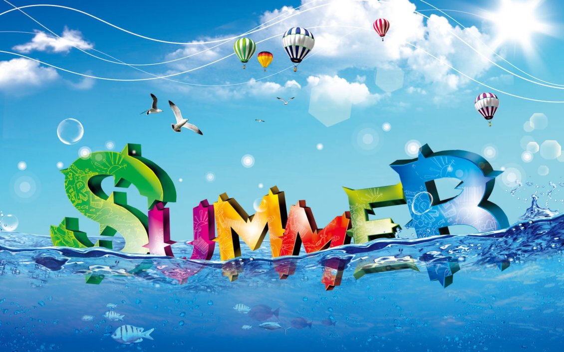 Download Wallpaper Summer time - water, birds and balloons in the air