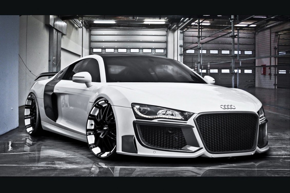 Download Wallpaper White Audi R8 altered tuning in the garage