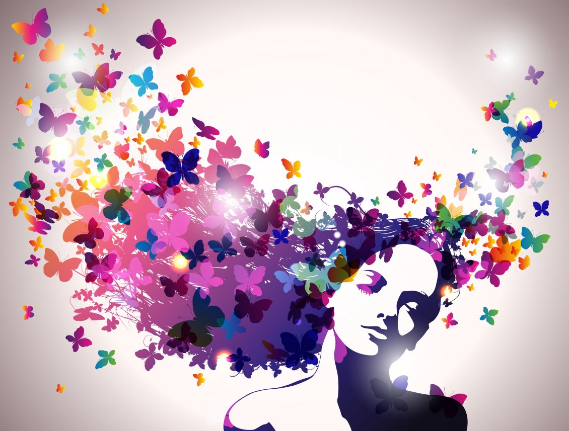Download Wallpaper Many colorful butterflies of a woman's hair