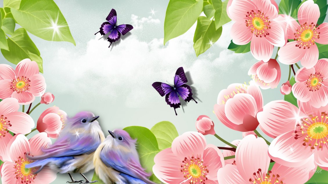Download Wallpaper Two sweet birds and two butterflies between pink flowers