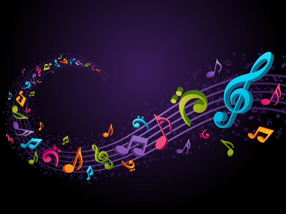 Download Wallpaper A curved staves with many colorful notes and sol key