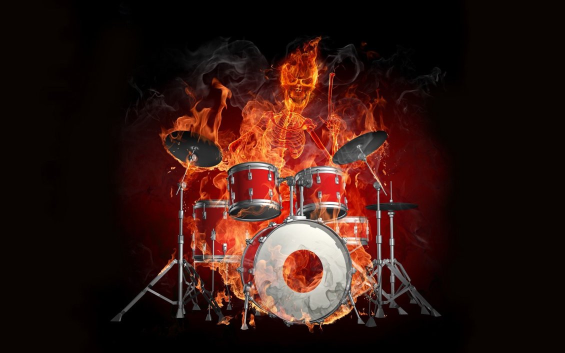 Download Wallpaper Drums and the skeleton of a man burn in flames