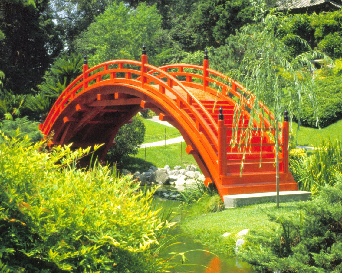 Download Wallpaper Japanese Garden - Orange small bridge in the park