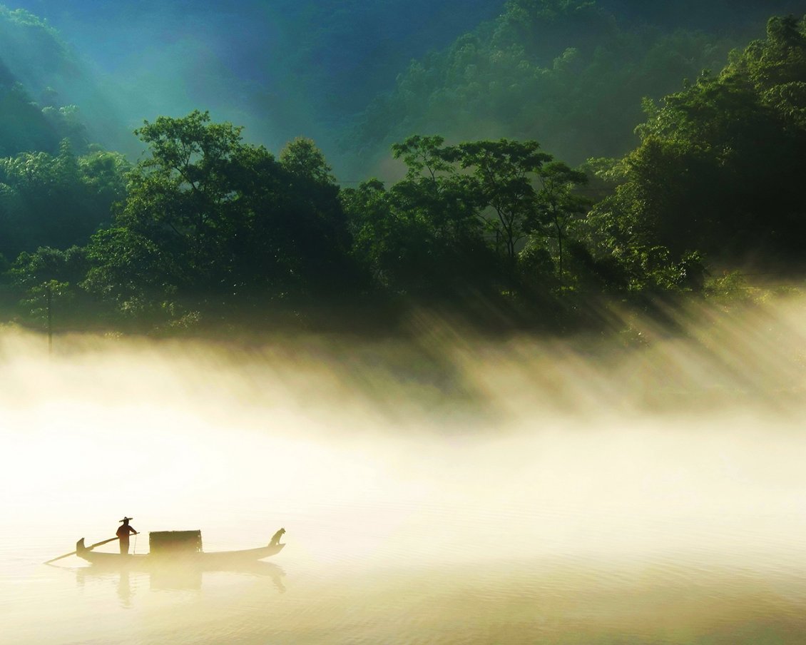 Download Wallpaper A man and his dog with boat on the river in the sunlight