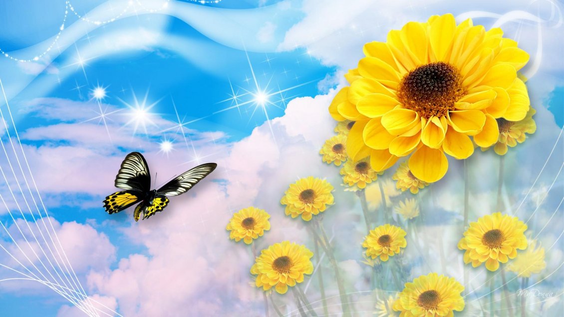 Download Wallpaper Digital wallpaper - butterfly and sunflowers