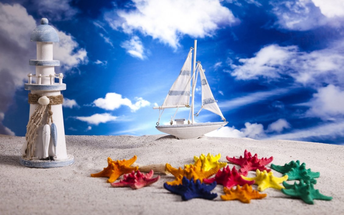 Download Wallpaper Coloured starfish and the boat - toys at the seaside