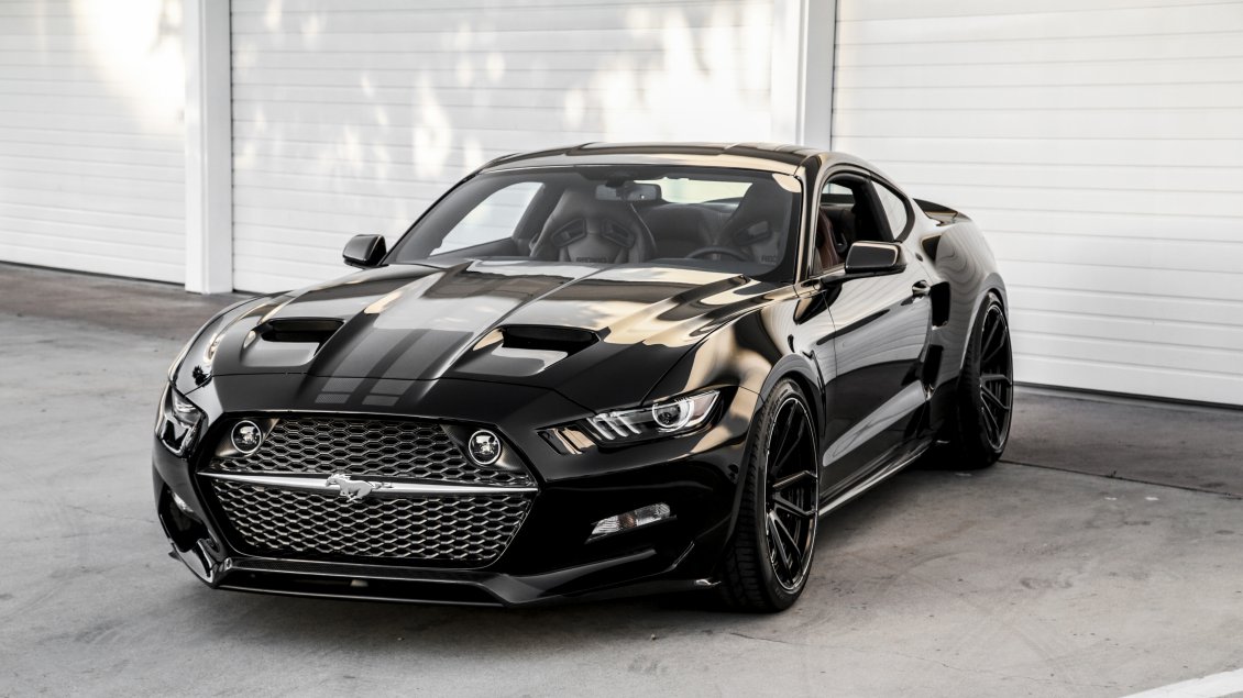 Download Wallpaper Beautiful black Ford Mustang Rocket in front of the garage