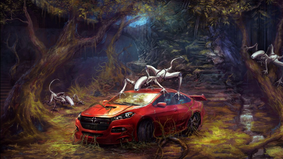 Download Wallpaper Fantastic forest with fantasy creatures and a red car