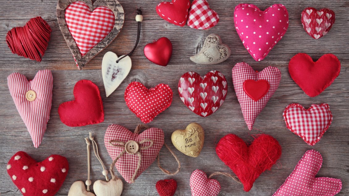 Download Wallpaper Pink and red hearts cushions on the wood - Love HD wallpaper