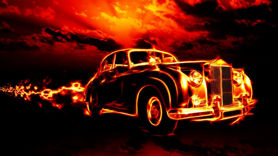 Download Wallpaper Vintage car in flames - Dark wallpaper