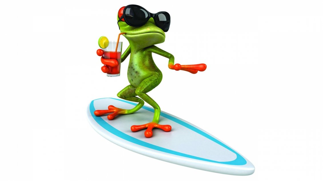Download Wallpaper Funny green frog surfing with sunglasses