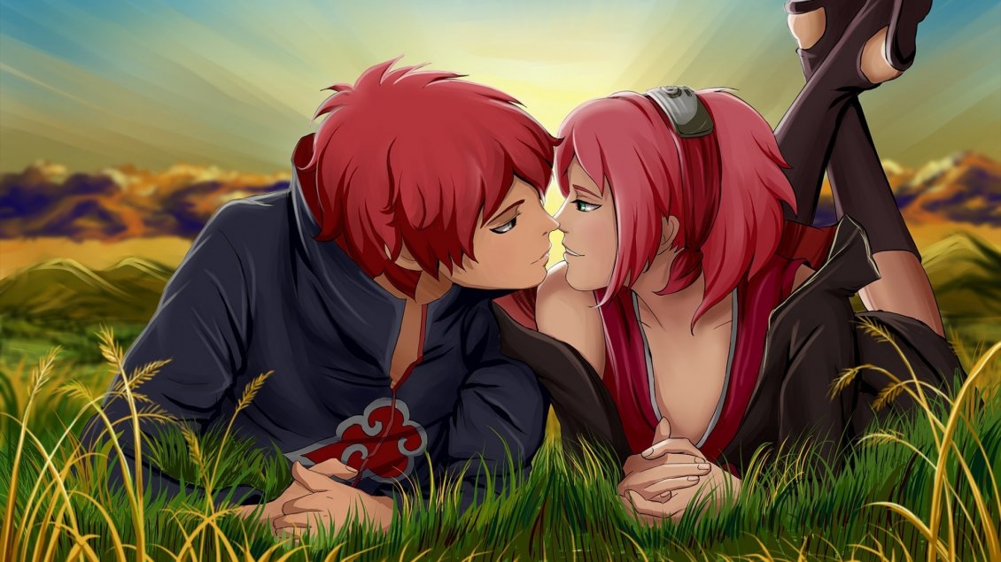 Download Wallpaper An anime couple with red hair kissing in the grass