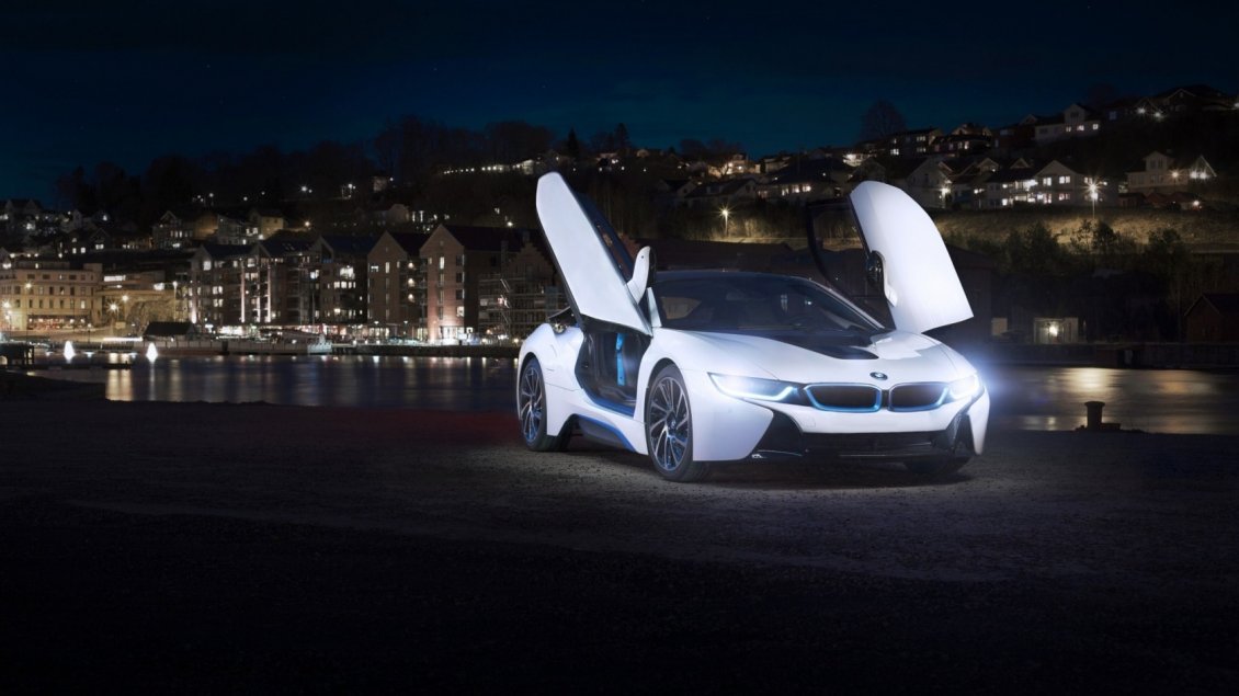 Download Wallpaper White BMW I8 Concept with opened doors in the city