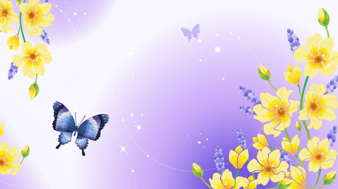 Download Wallpaper Purple butterfly and yellow flowers in a drawing
