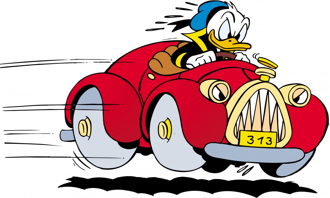 Download Wallpaper Donald Duck character drives speed a red car