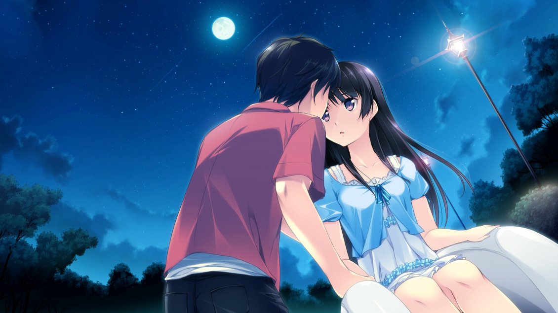 Download Wallpaper Anime couple during the night under the moonlight