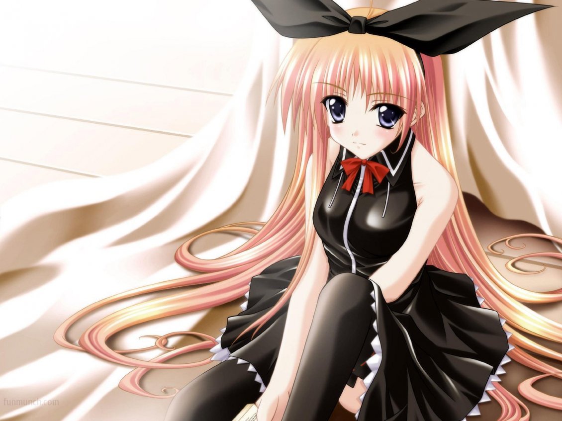 Download Wallpaper Anime girl in a black dress with red knot