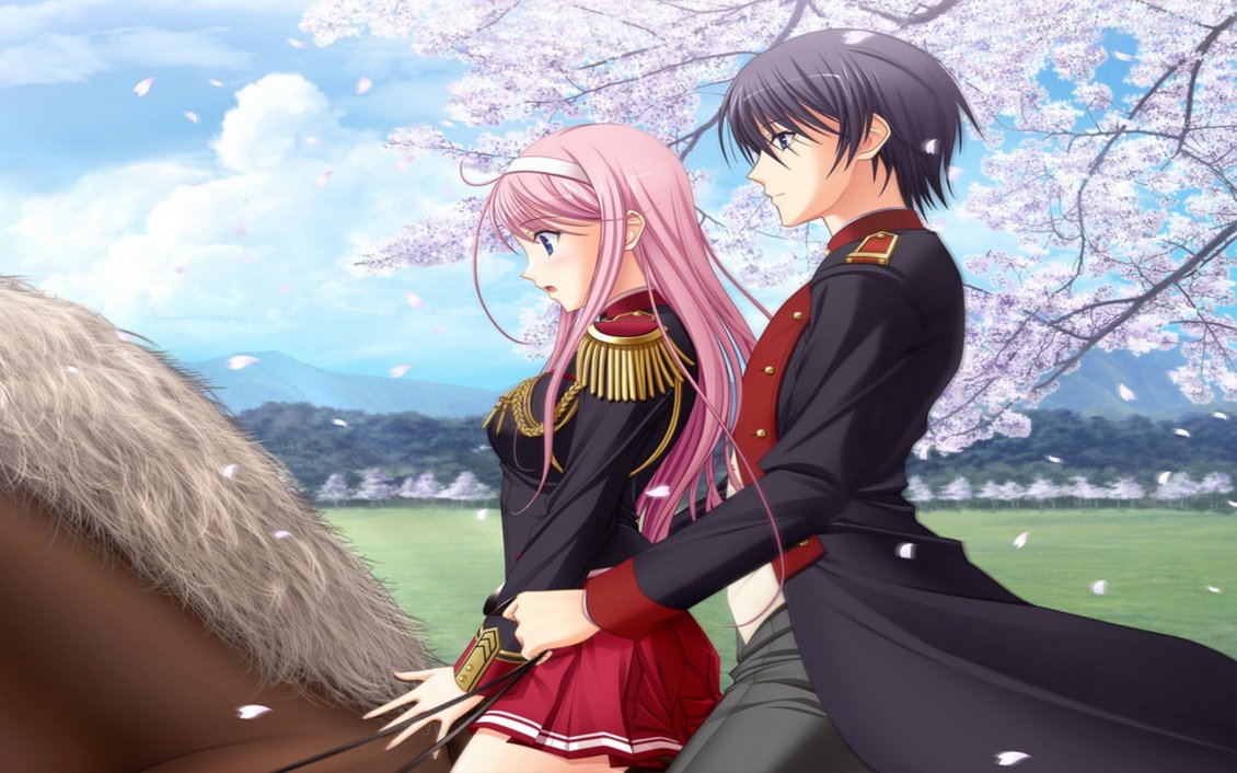 Download Wallpaper An anime couple on a brown horse in a spring day