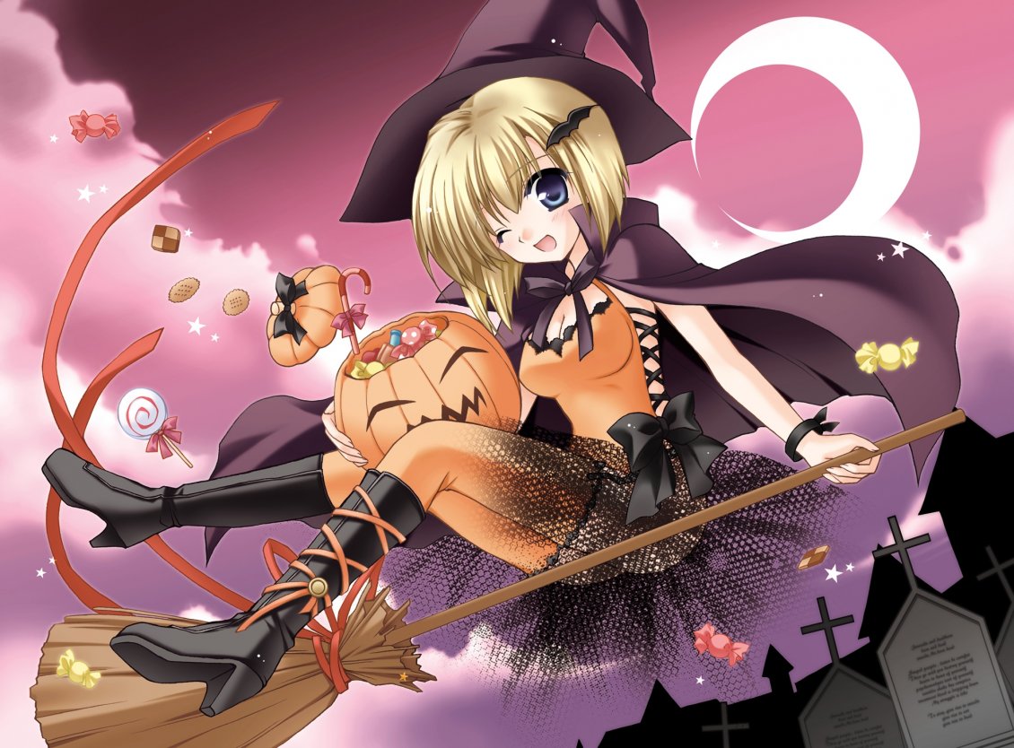 Download Wallpaper A girl witch on a broom - Halloween anime wallpaper