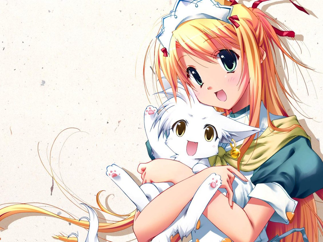 Download Wallpaper An anime girl with her white kitten