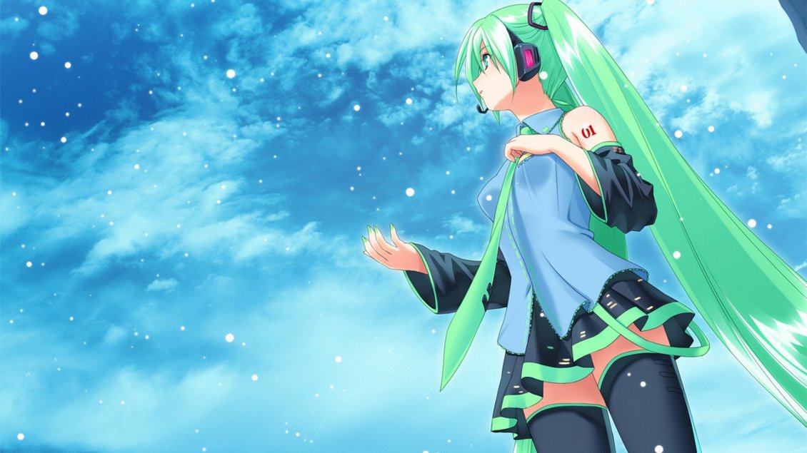 Download Wallpaper An anime girl with green hair and a blue sky