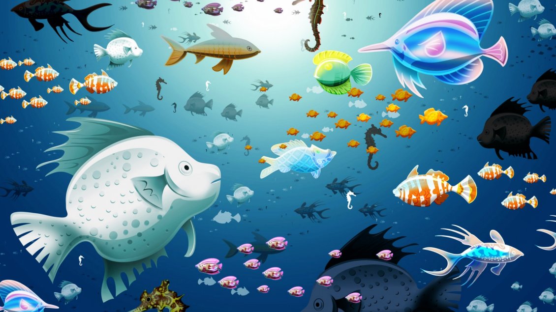 Download Wallpaper Many colorful fish in the blue water