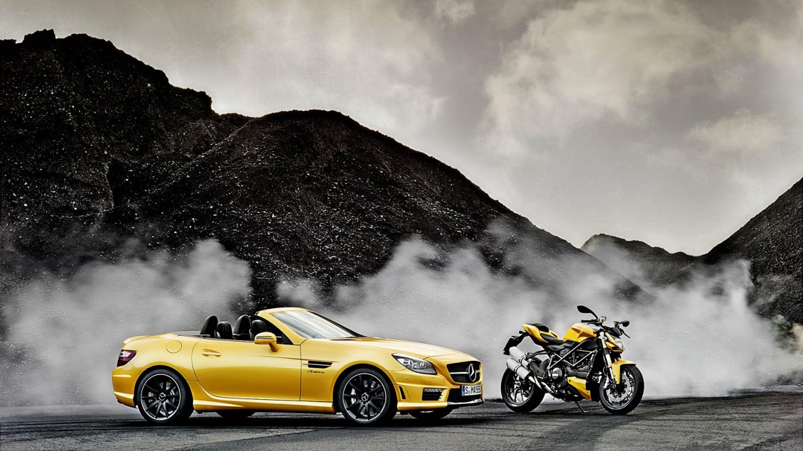 Download Wallpaper Yellow Mercedes SLK AMG and Ducati Streetfighter