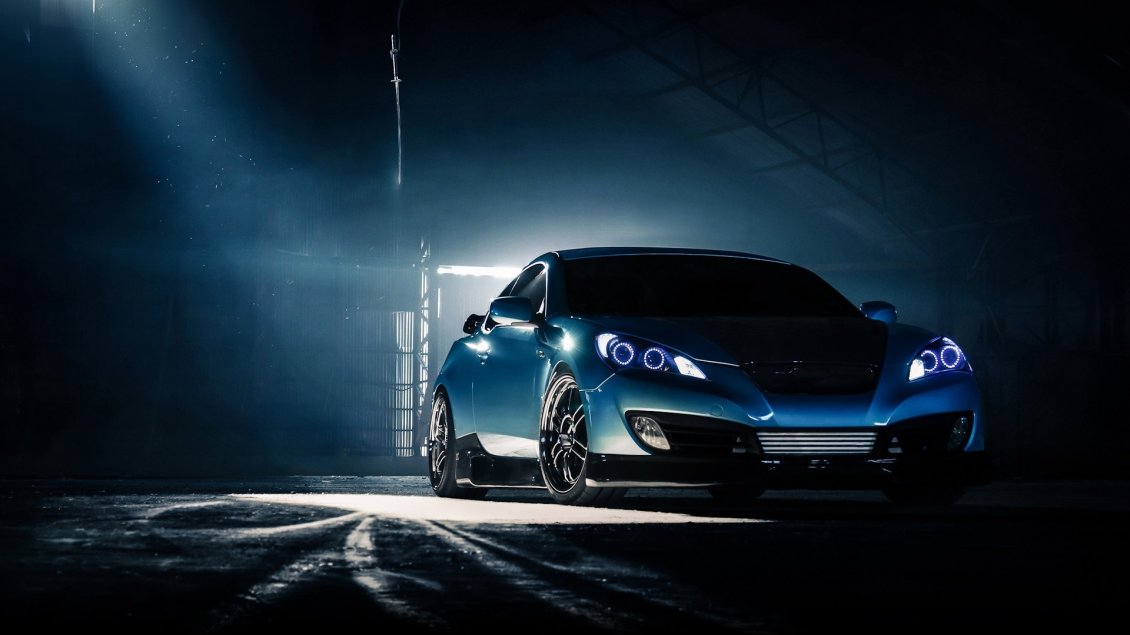 Download Wallpaper Blue Hyundai Genesis Coupe in a dark space