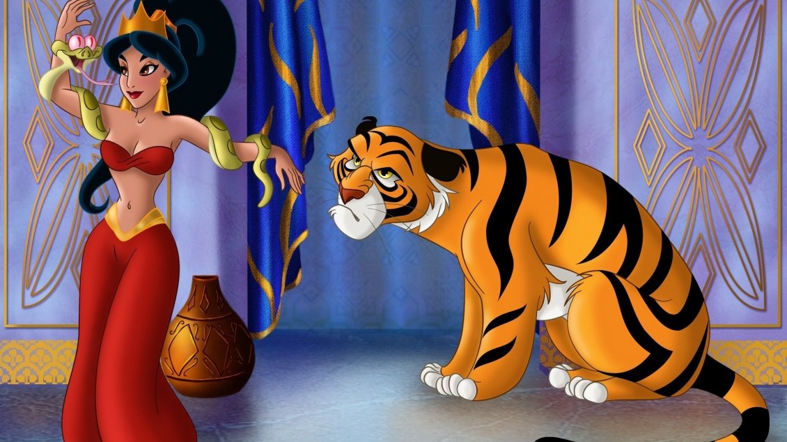 Download Wallpaper Jasmine with her friends, a snake and a tiger