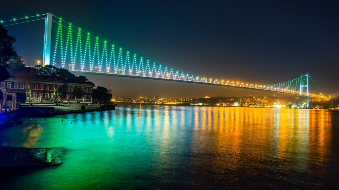 Download Wallpaper Colorful Bosphorus bridge from Istambul in night