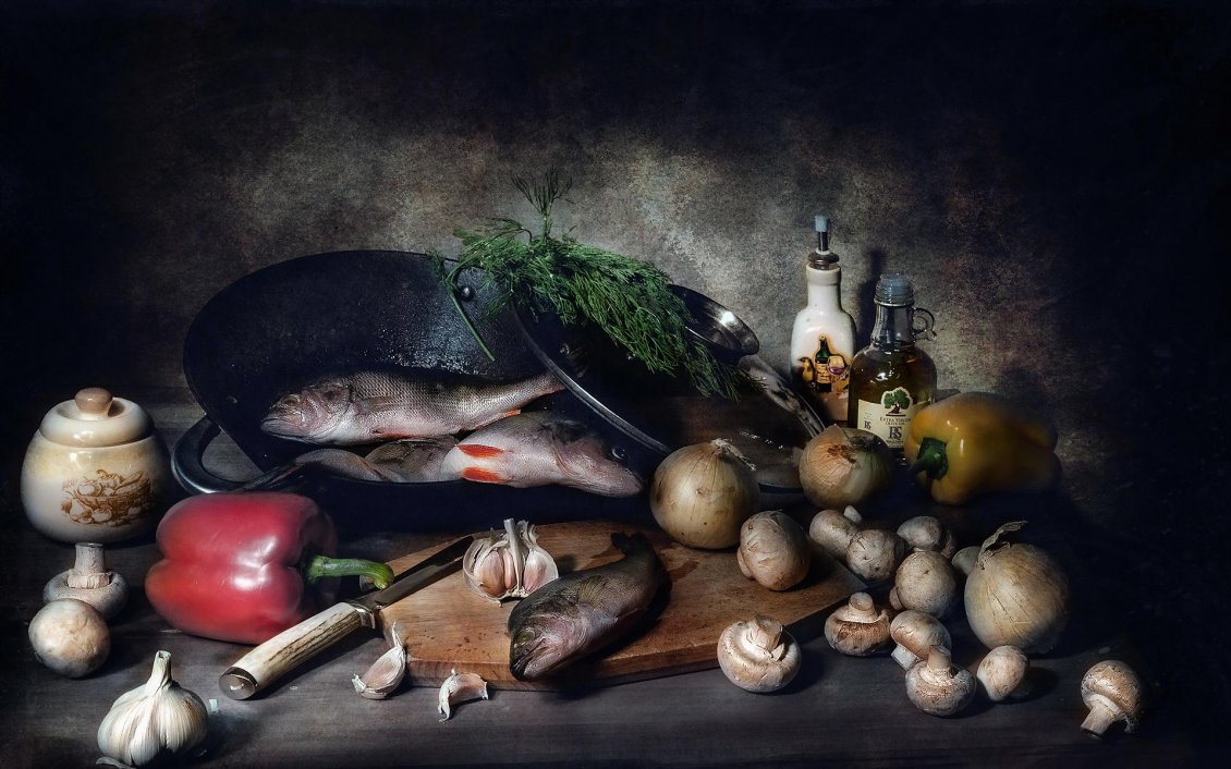 Download Wallpaper Artistic wallpaper - fish and mushrooms food