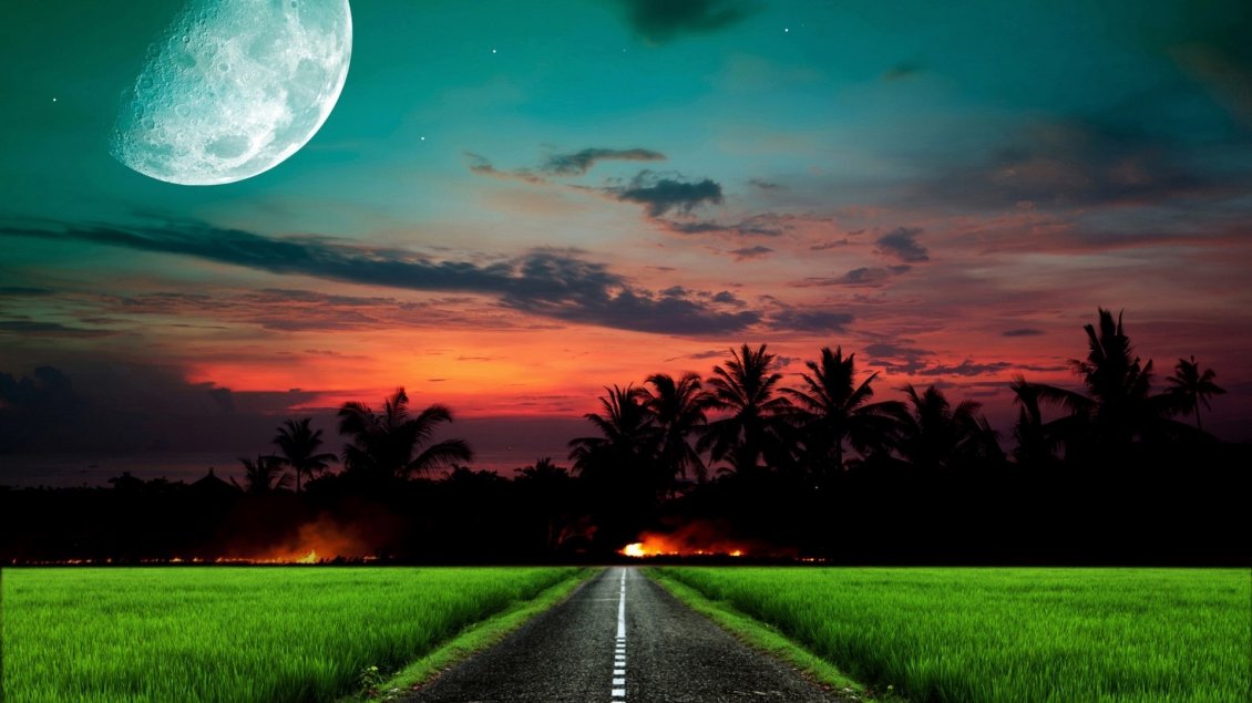Download Wallpaper Straight road in the green field at sunset