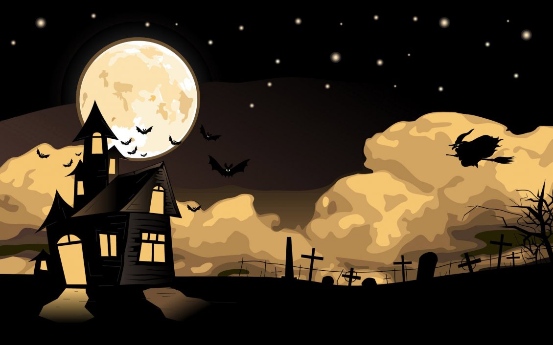 Download Wallpaper Scary night of Halloween - flitter-mouse and witch