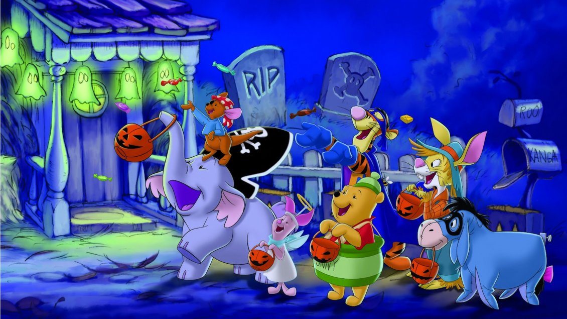 Download Wallpaper Funny animals from cartoons in the Halloween night