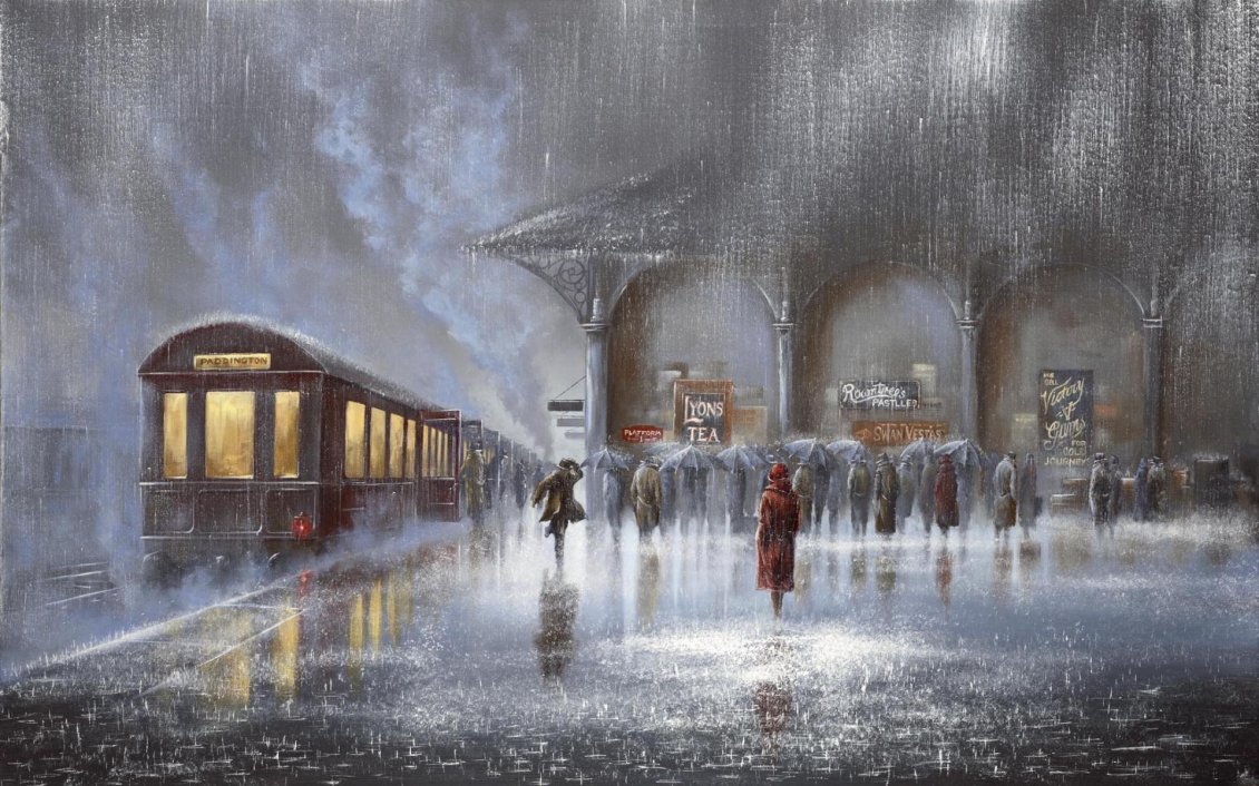 Download Wallpaper Rainy day  - beautiful painting people in the rain station