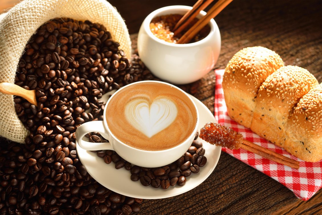 Download Wallpaper Lovely drink and food - sweet coffee and hot bread