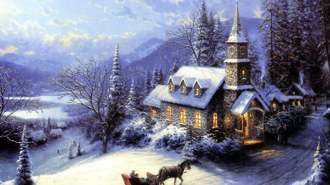Download Wallpaper White winter night - light at the church