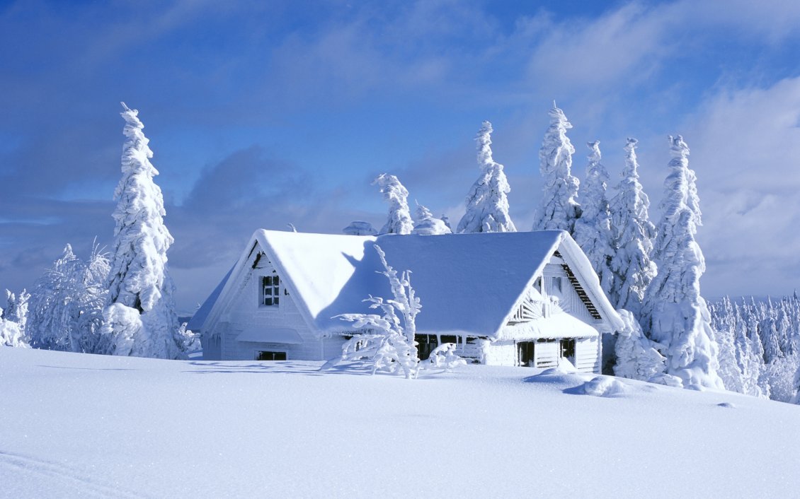 Download Wallpaper Winter time - white house and beautiful landscape