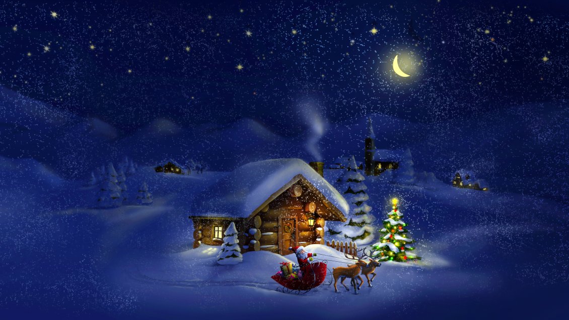 Download Wallpaper Beautiful magic Christmas night - village waiting for Santa