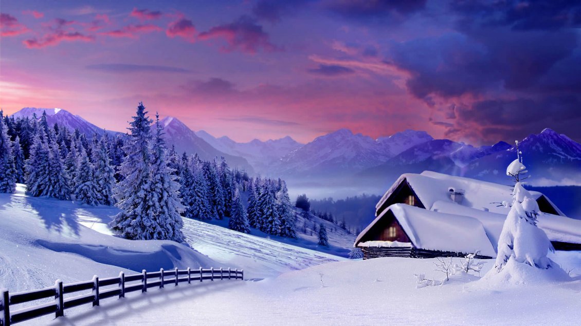 Download Wallpaper Beautiful winter landscape - house at the white mountain