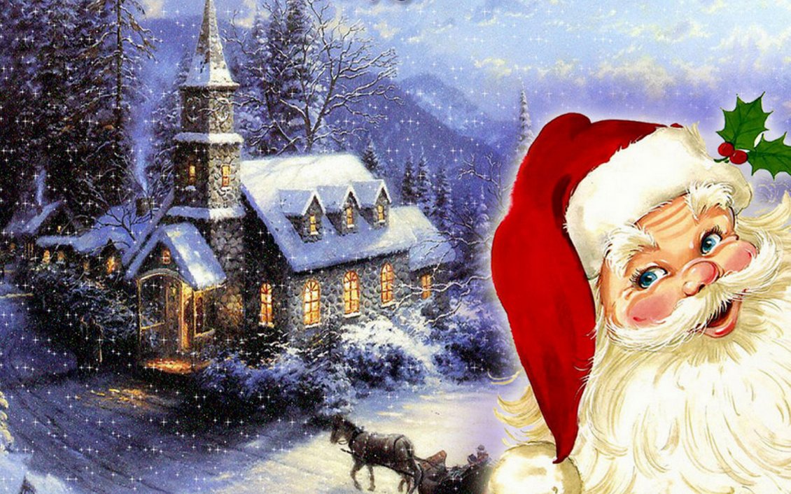 Download Wallpaper Santa Claus and a village on the Christmas night