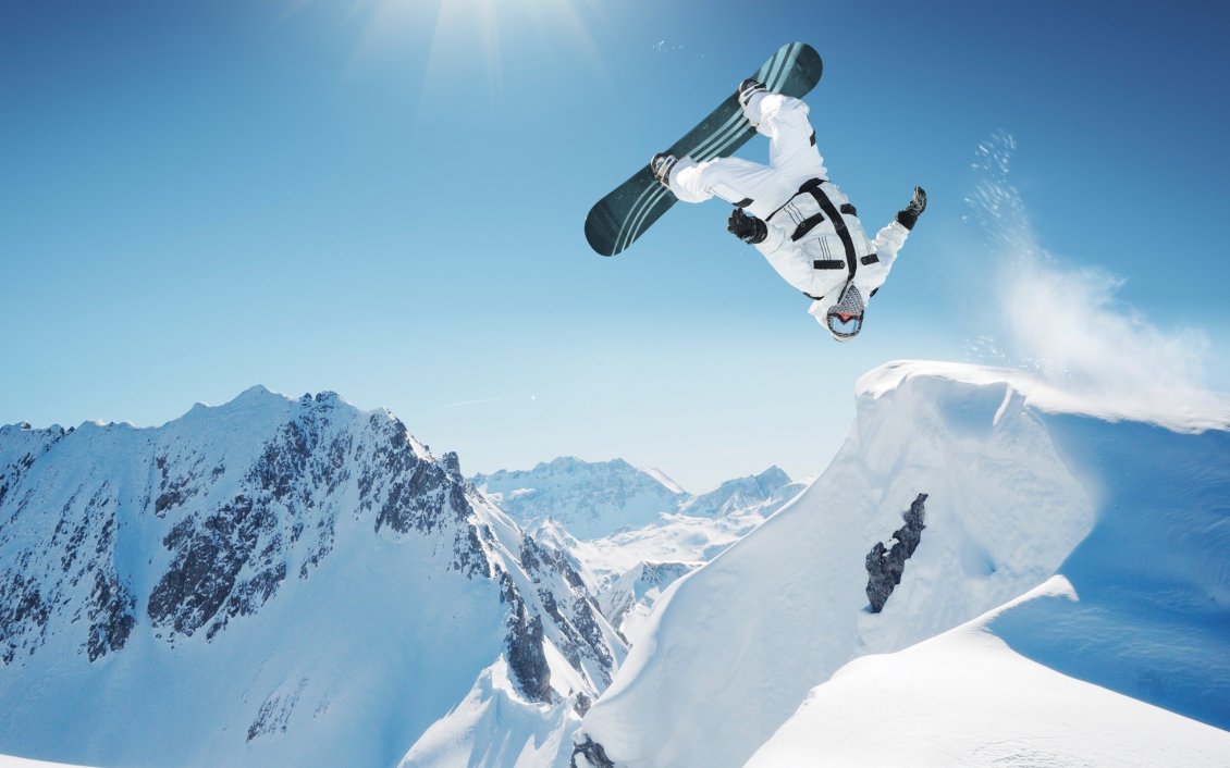 Download Wallpaper White man on the top of the mountain - snowboard jump