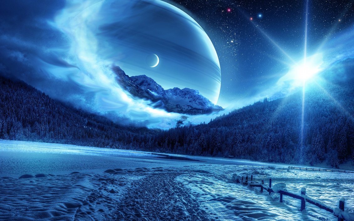 Download Wallpaper Fantastic winter night - big moon on the sky