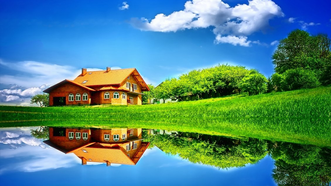Download Wallpaper Wonderful house mirror in the lake - Sunny summer day