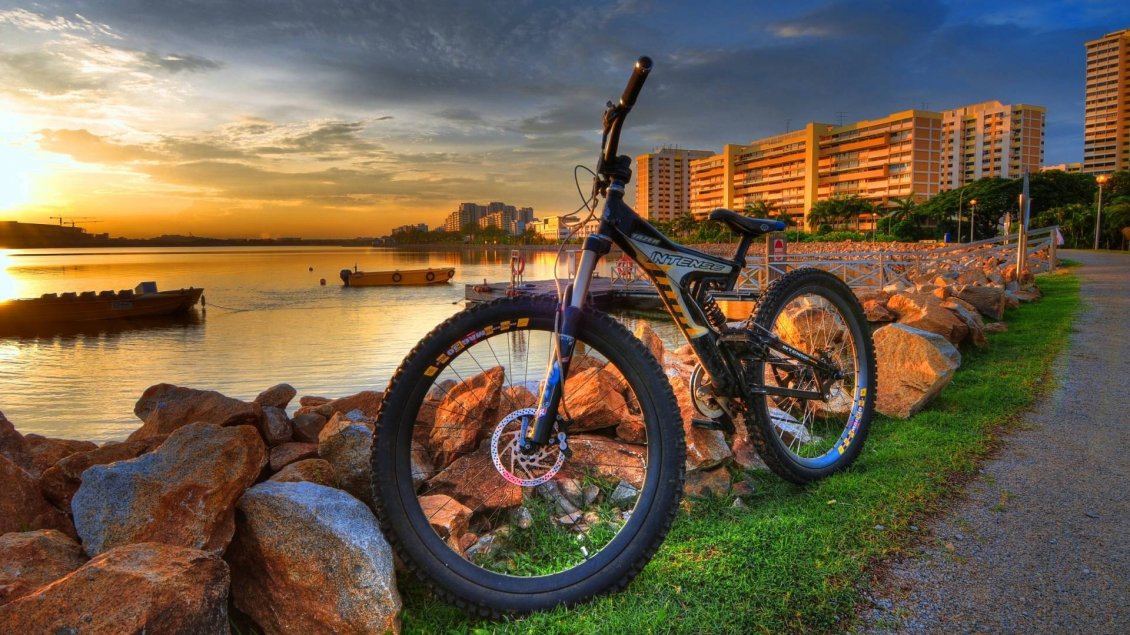 Download Wallpaper Walk with the bike - beautiful sunset landscape