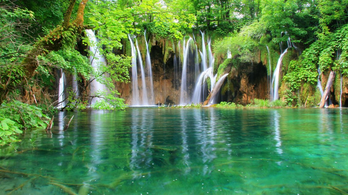 Download Wallpaper Green nature - beautiful waterfall and mountain lake