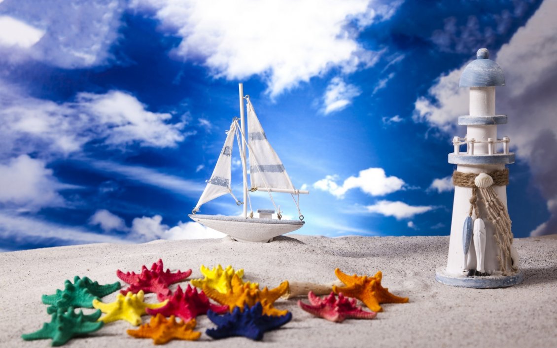 Download Wallpaper Colored starfishes white boat and a lighthouse
