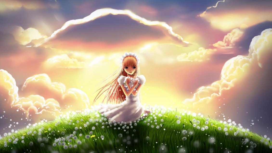 Download Wallpaper Anime bride on a field full with dandelions - HD wallpaper