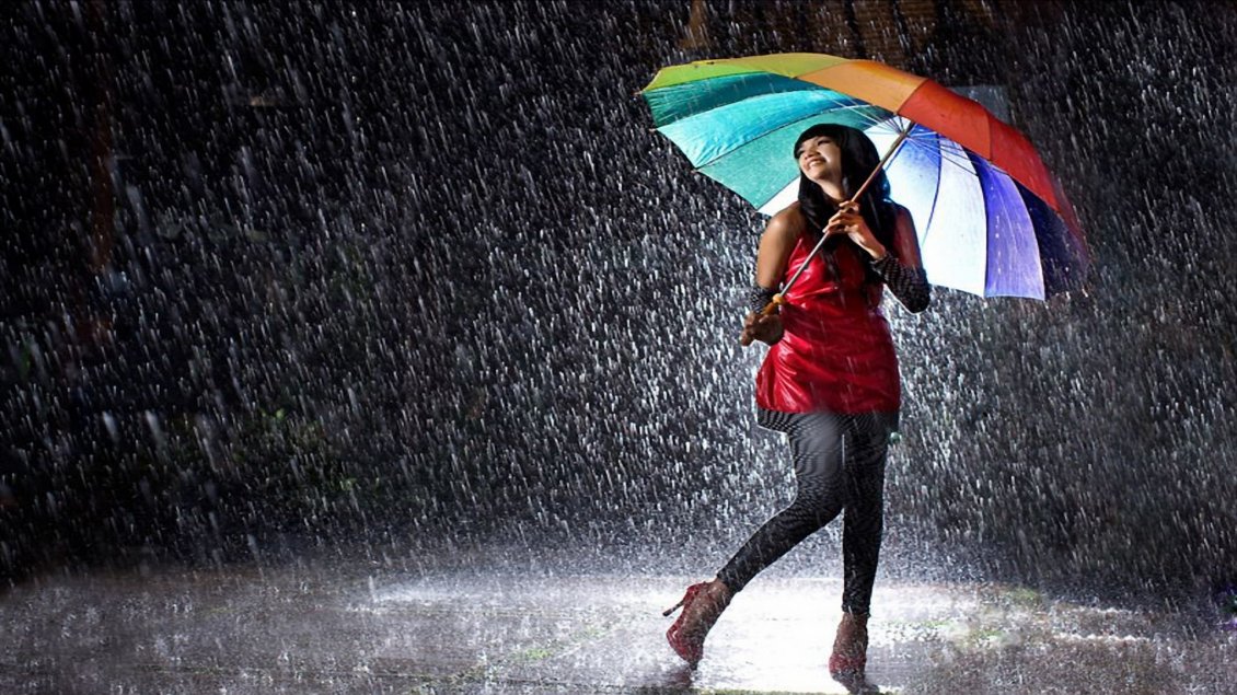 Download Wallpaper Happiness - Dance in the rain with a big colorful umbrella